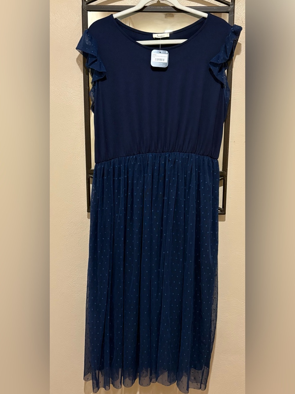 Les Amis Navy Blue Flutter Sleeve Tulle Midi Dress